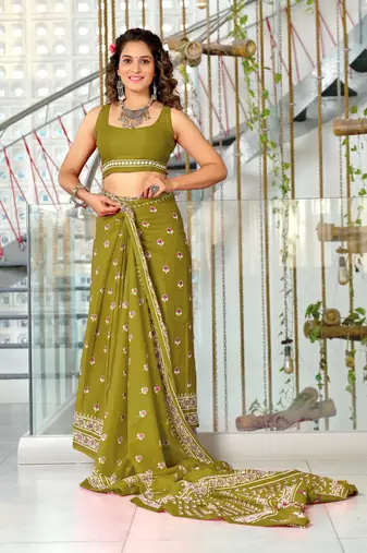 ready to wear olive mulmul cotton saree with block print blouse