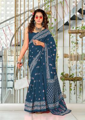 pre draped teal mulmul cotton saree with block print blouse 1