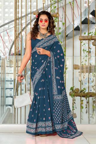 Teal mulmul cotton pre stitched saree with block print blouse