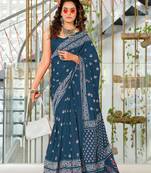 ready to wear teal mulmul cotton saree with block print blouse