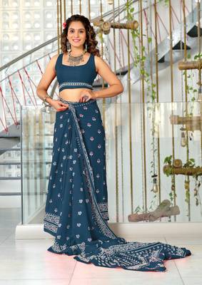 pre draped teal mulmul cotton saree with block print blouse 3