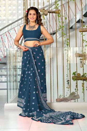 pre draped teal mulmul cotton saree with block print blouse