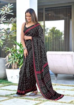 ready made black mulmul cotton saree with block print blouse 1