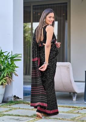 ready made black mulmul cotton saree with block print blouse 2