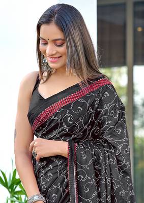 ready made black mulmul cotton saree with block print blouse 4