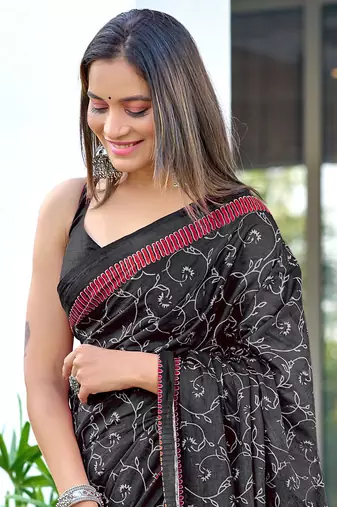 ready made black mulmul cotton saree with block print blouse