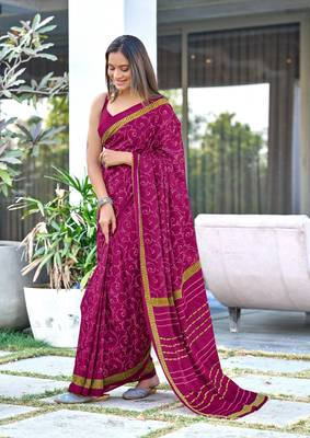 pre-stitched magenta mulmul cotton saree with block print blouse 1
