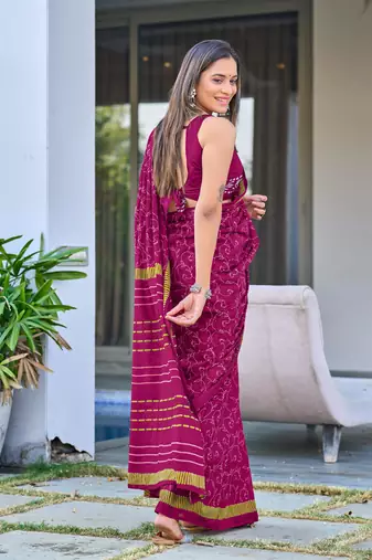 pre-stitched magenta mulmul cotton saree with block print blouse