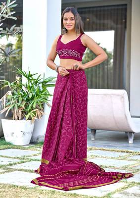 pre-stitched magenta mulmul cotton saree with block print blouse 3