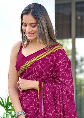 pre-stitched magenta mulmul cotton saree with block print blouse 4