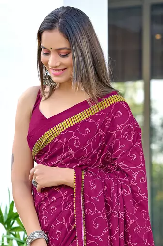 pre-stitched magenta mulmul cotton saree with block print blouse