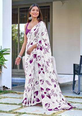 ready to wear white mulmul cotton saree with block print blouse 1