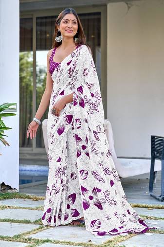 White mulmul cotton pre stitched saree with block print blouse