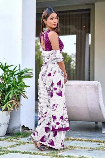 ready to wear white mulmul cotton saree with block print blouse