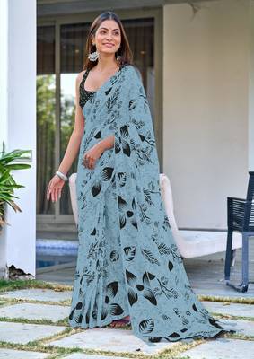 pre draped blue mulmul cotton saree with block print blouse 1