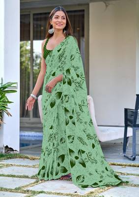ready made green mulmul cotton saree with block print blouse 1