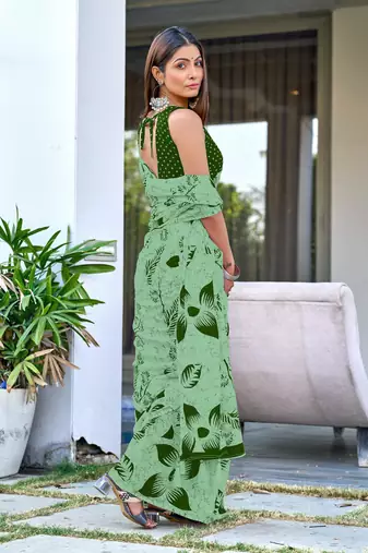 ready made green mulmul cotton saree with block print blouse