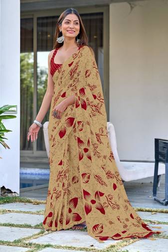Beige mulmul cotton pre stitched saree with block print blouse