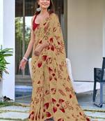 ready to wear beige mulmul cotton saree with block print blouse