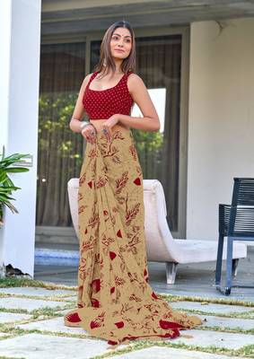 pre-stitched beige mulmul cotton saree with block print blouse 3