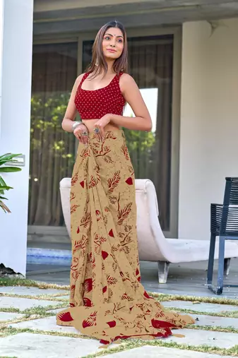 pre-stitched beige mulmul cotton saree with block print blouse