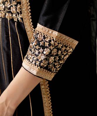 Black silk blend hand embroidered kurta Set 3
