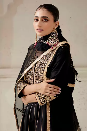 Black silk blend hand embroidered kurta Set