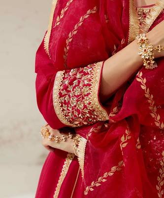 Red silk blend hand embroidered kurta Set 3