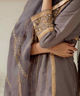Grey silk blend hand embroidered kurta Set 3