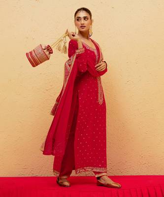 Red georgette gota pati embroidered kurta Set 1