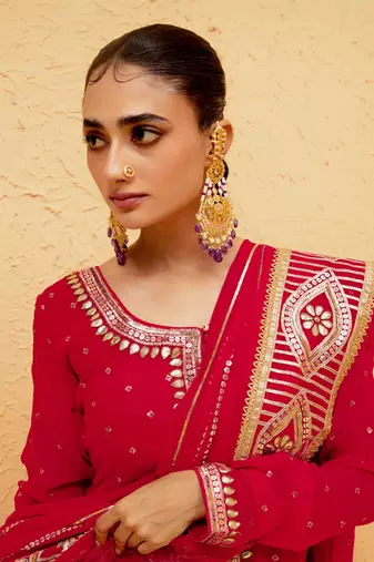 Red georgette gota pati embroidered kurta Set