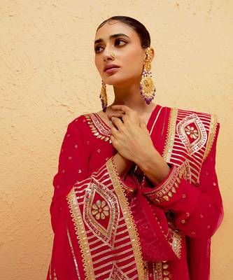 Red georgette gota pati embroidered kurta Set 3