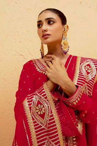Red georgette gota pati embroidered kurta Set