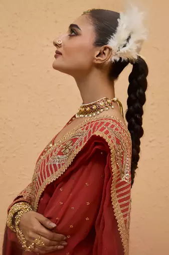 Rust georgette gota pati embroidered kurta Set