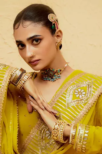 Yellow georgette gota pati embroidered kurta Set