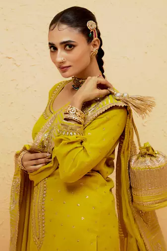 Yellow georgette gota pati embroidered kurta Set