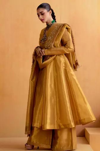 Gold silk plain anarkali Set with zardosi work