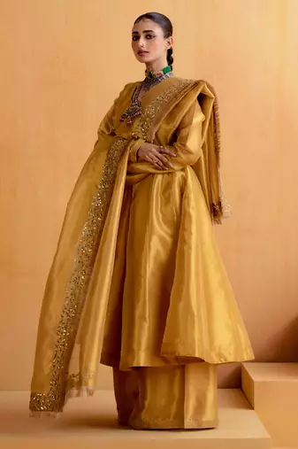 Gold silk plain anarkali Set with zardosi work