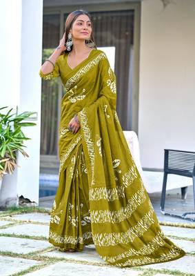 ready to wear olive mulmul cotton saree with block print blouse 1