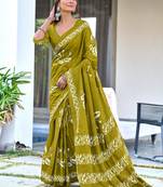 ready to wear olive mulmul cotton saree with block print blouse