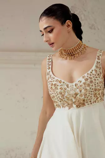 Ivory silk blend zardosi embroidered anarkali set