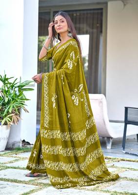 ready to wear olive mulmul cotton saree with block print blouse 2