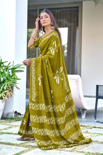 ready to wear olive mulmul cotton saree with block print blouse