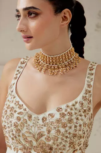 Ivory silk blend zardosi embroidered anarkali set