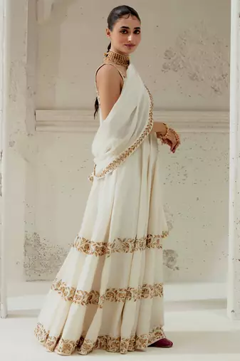 Ivory silk blend zardosi embroidered anarkali set