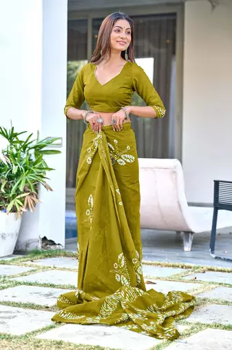 ready to wear olive mulmul cotton saree with block print blouse