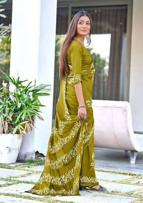 ready to wear olive mulmul cotton saree with block print blouse 4