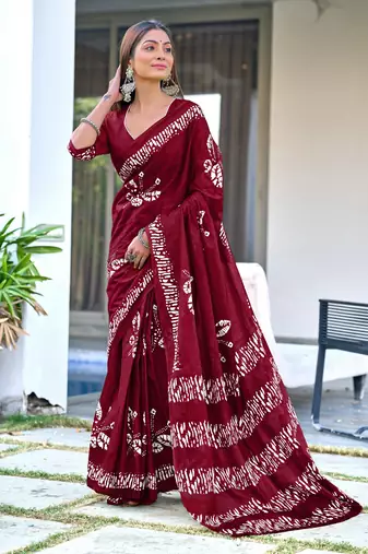 Maroon mulmul cotton pre stitched saree with block print blouse