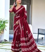 ready to wear maroon mulmul cotton saree with block print blouse