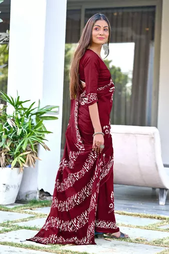 pre draped maroon mulmul cotton saree with block print blouse